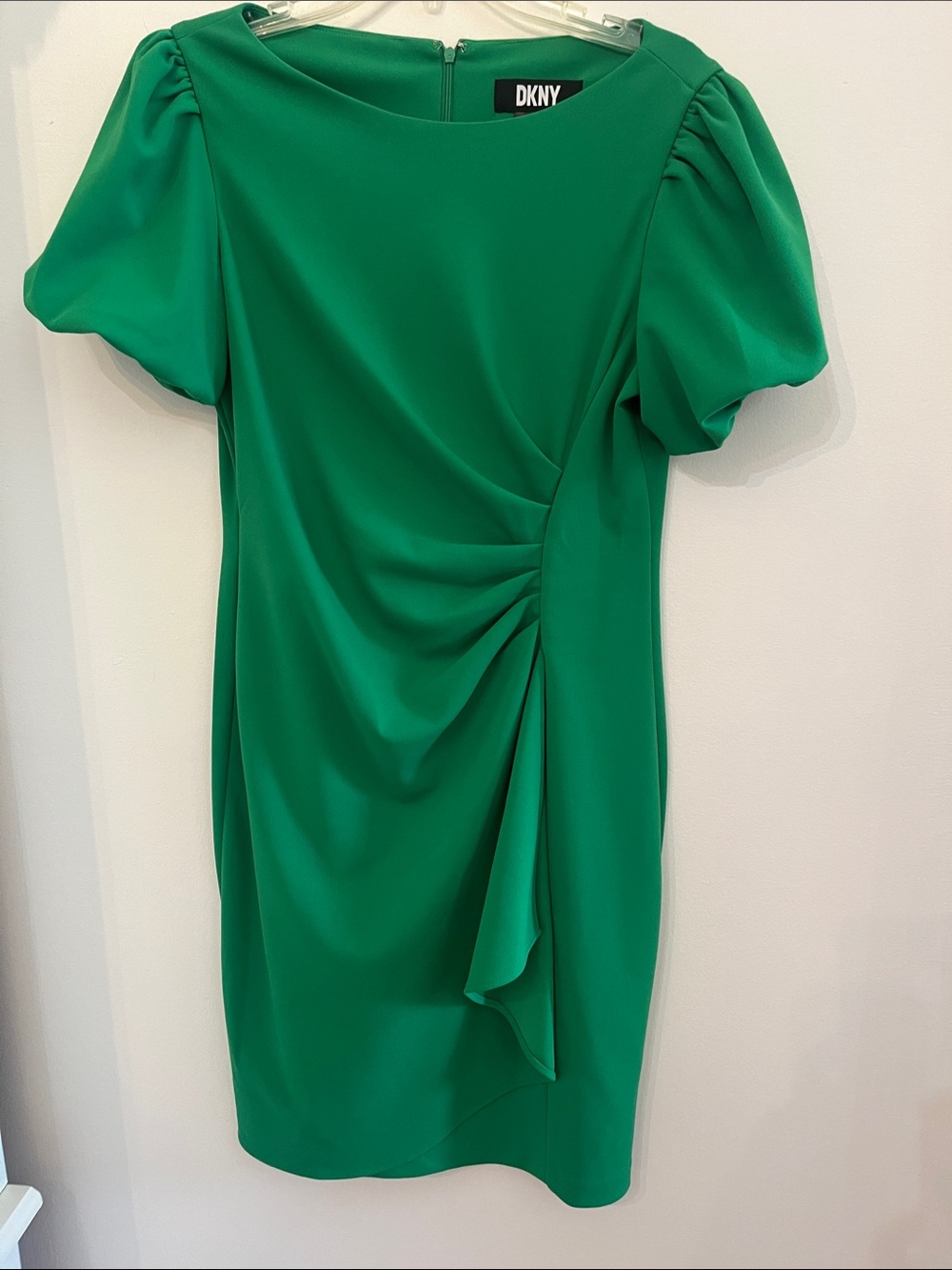 DKNY Emerald Green Puff Sleeve Draped Dress Size 10 Worn Once